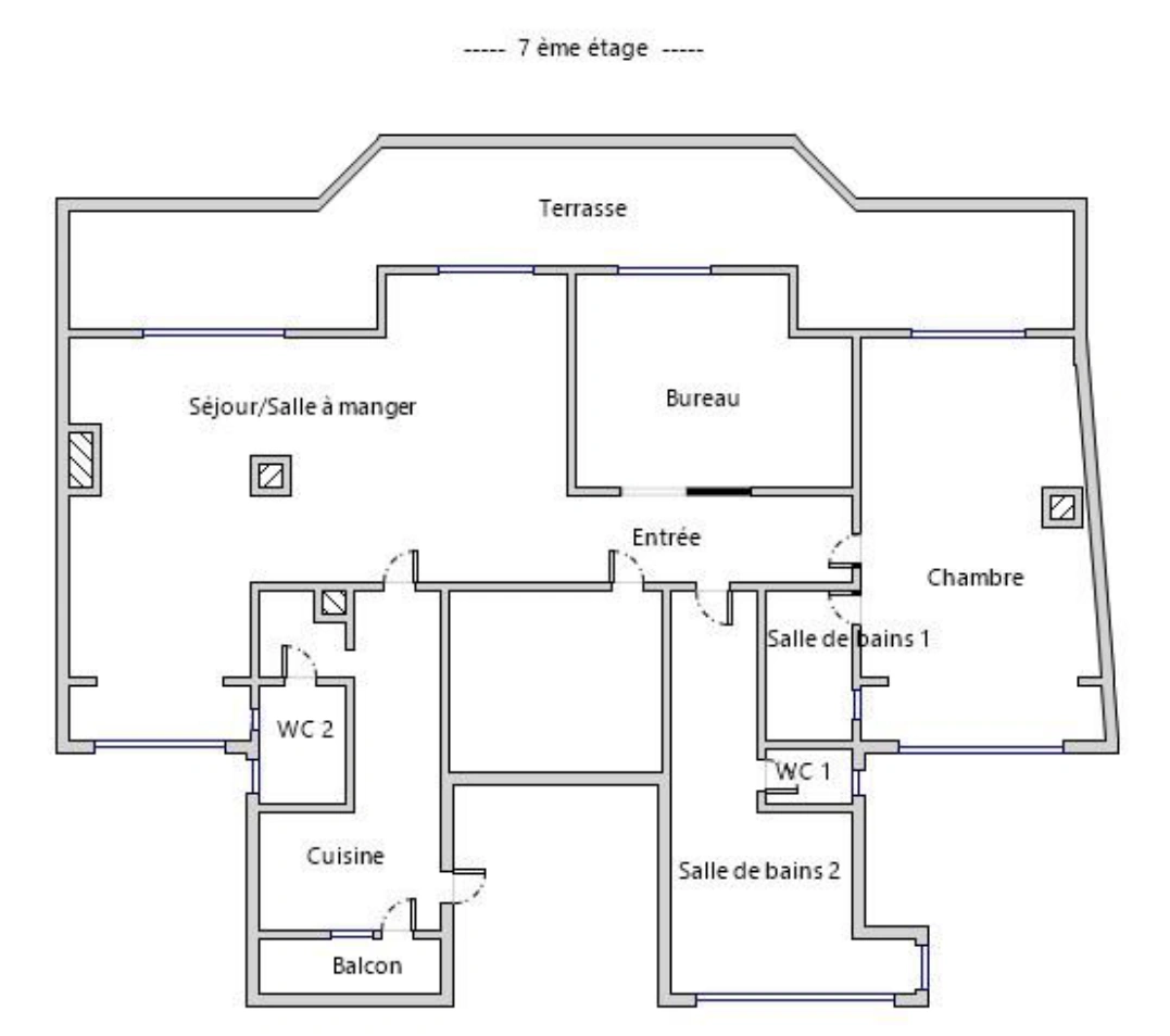 Plan de repérage : terrasse en façade, séjour à gauche, bureau au centre, chambre à droite, cuisine et pièces d’eau à l’arrière